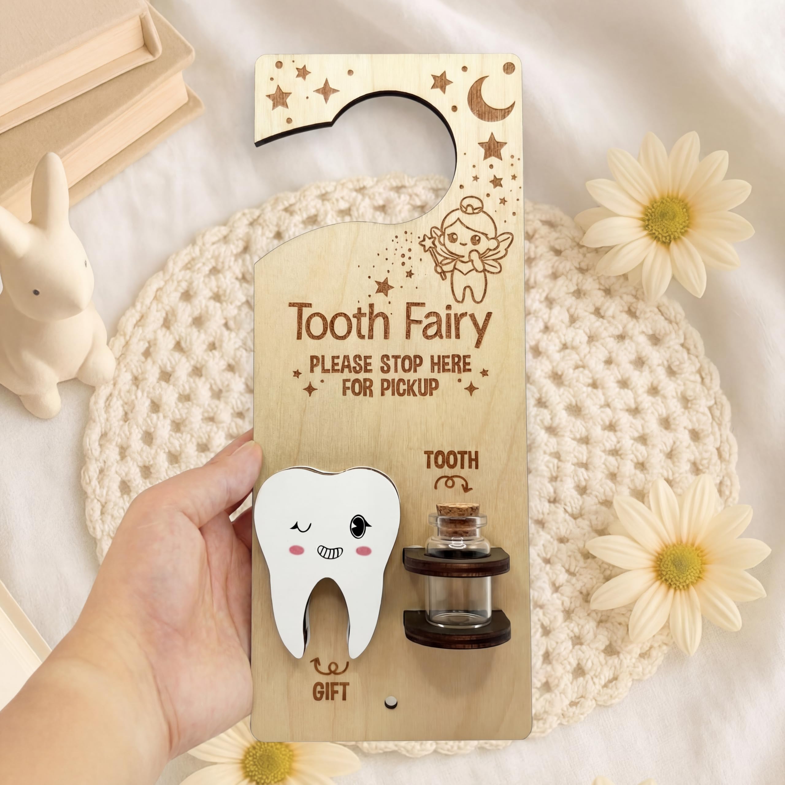 DoubleFill Tooth Fairy Door Hanger Pouch Keepsake Box,Fresh,Wood decor
