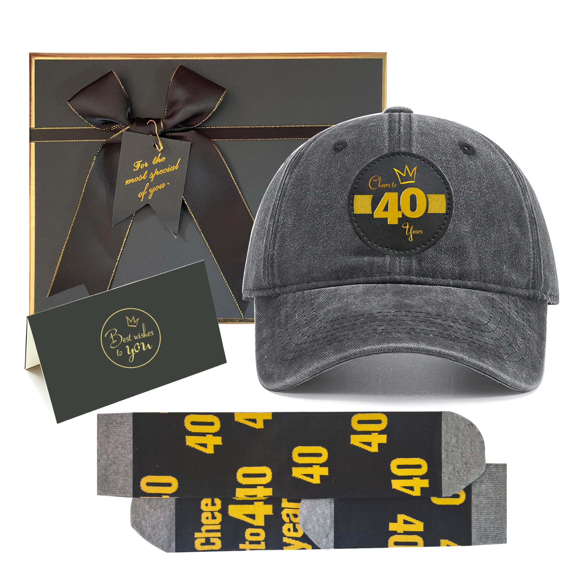 Sotpot Ready Gift 40th Birthday Gift Set for Men, Vintage Washed Black Cap Gold Foil Patch, 40th Socks, Gold Foil Card & Metallic Edged Gift Box, Gifts for Husband, Dad