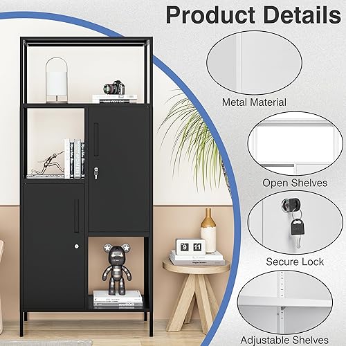 Miniatura 6 de LISSIMO Gabinete de almacenamiento de metal con estante de almacenamiento abierto, estante de almacenamiento negro con puertas dobles, armario de