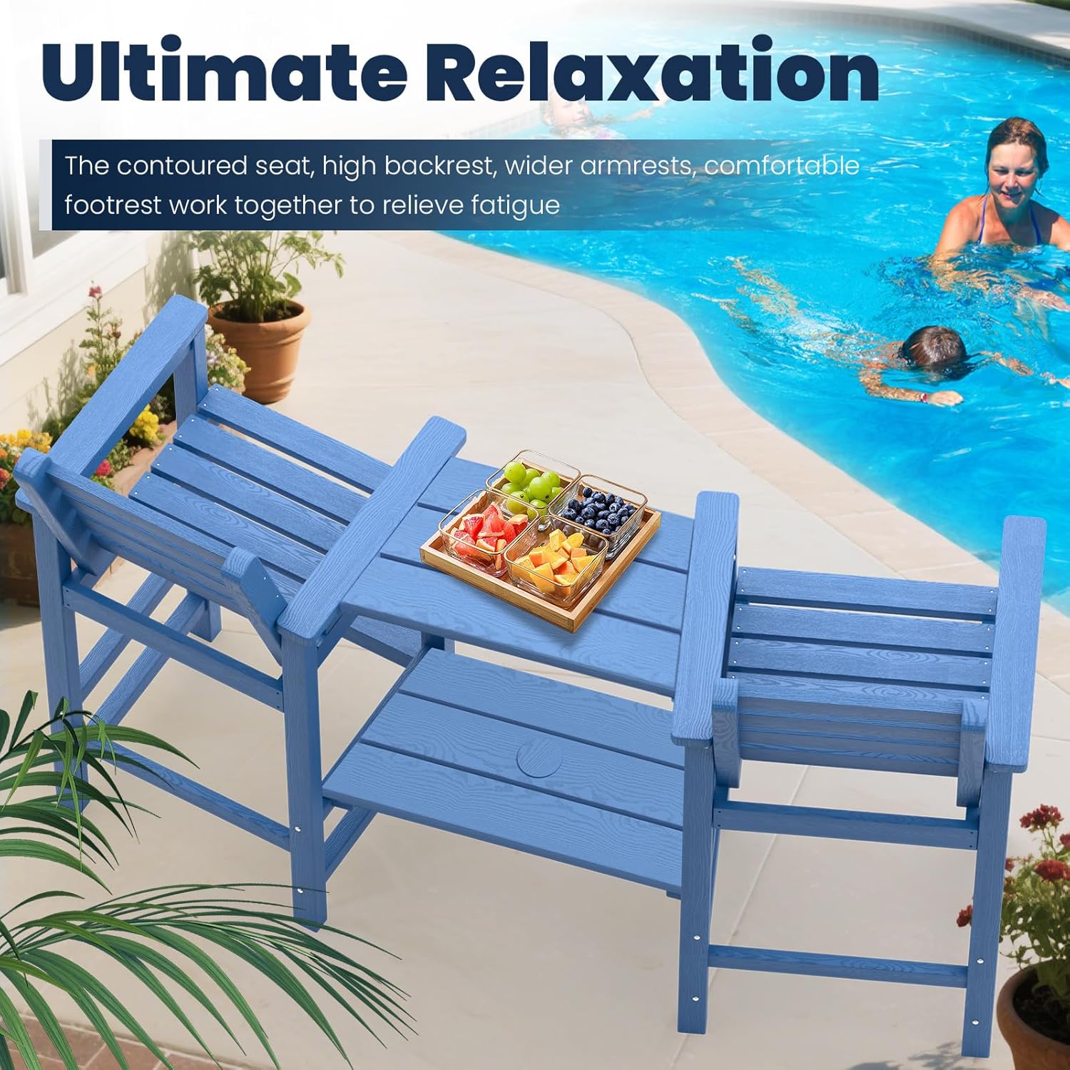 PLUUV Tall Adirondack Chairs Set of 2, All Weather HDPE Poly Bar Height Balcony Adirondack Chair with Removable Double Connecting Trays, Outdoor Adirondack Barstools for Deck, Patio, Yard, Pool, Lawn