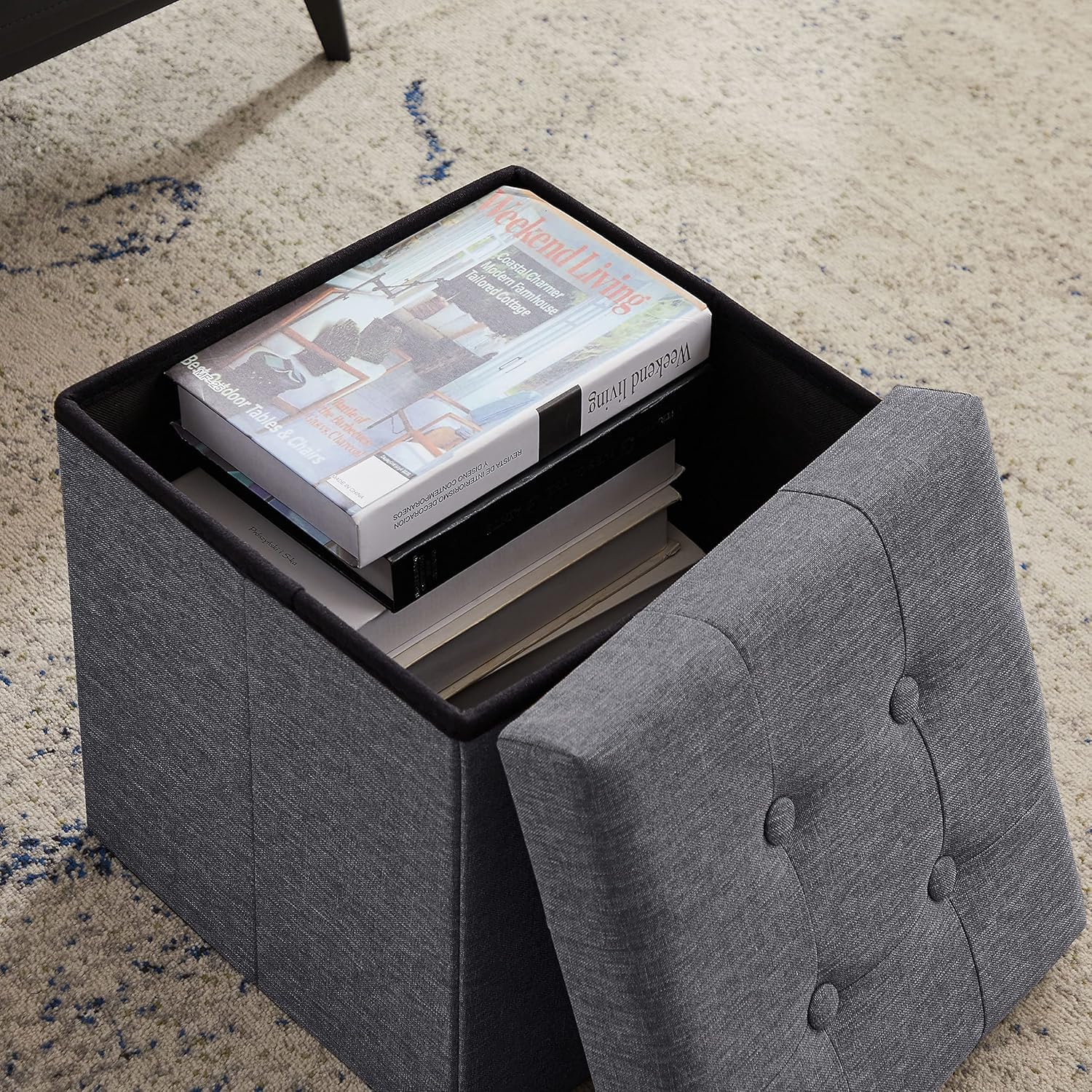 Zedelmaier Sitzhocker mit Stauraum, Fußhocker, Sitzwürfel, Sitzbox, Ottoman, Fußbank Truhen Aufbewahrungsbox faltbar belastbar bis 300 kg, Leinen, 38 x 38 x 38 cm (Dunkelgrau)