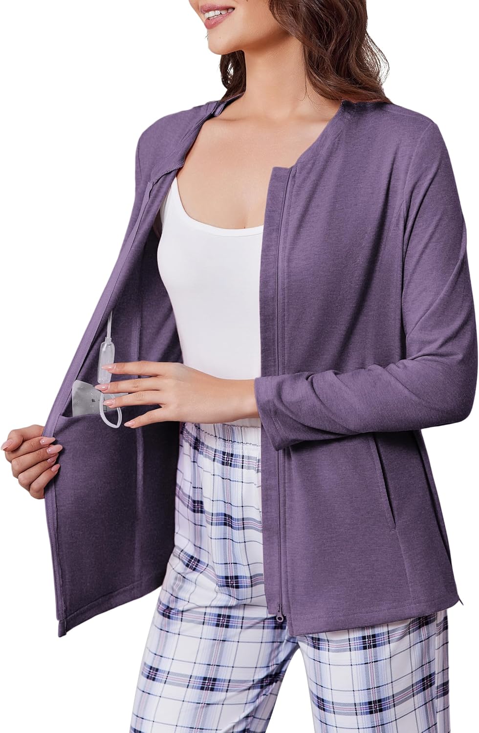 Deyeek Mastectomy Shirts with Drain Pockets Post Shoulder Surgery Tops for Women Chemo Port Long Sleeve with Zippers