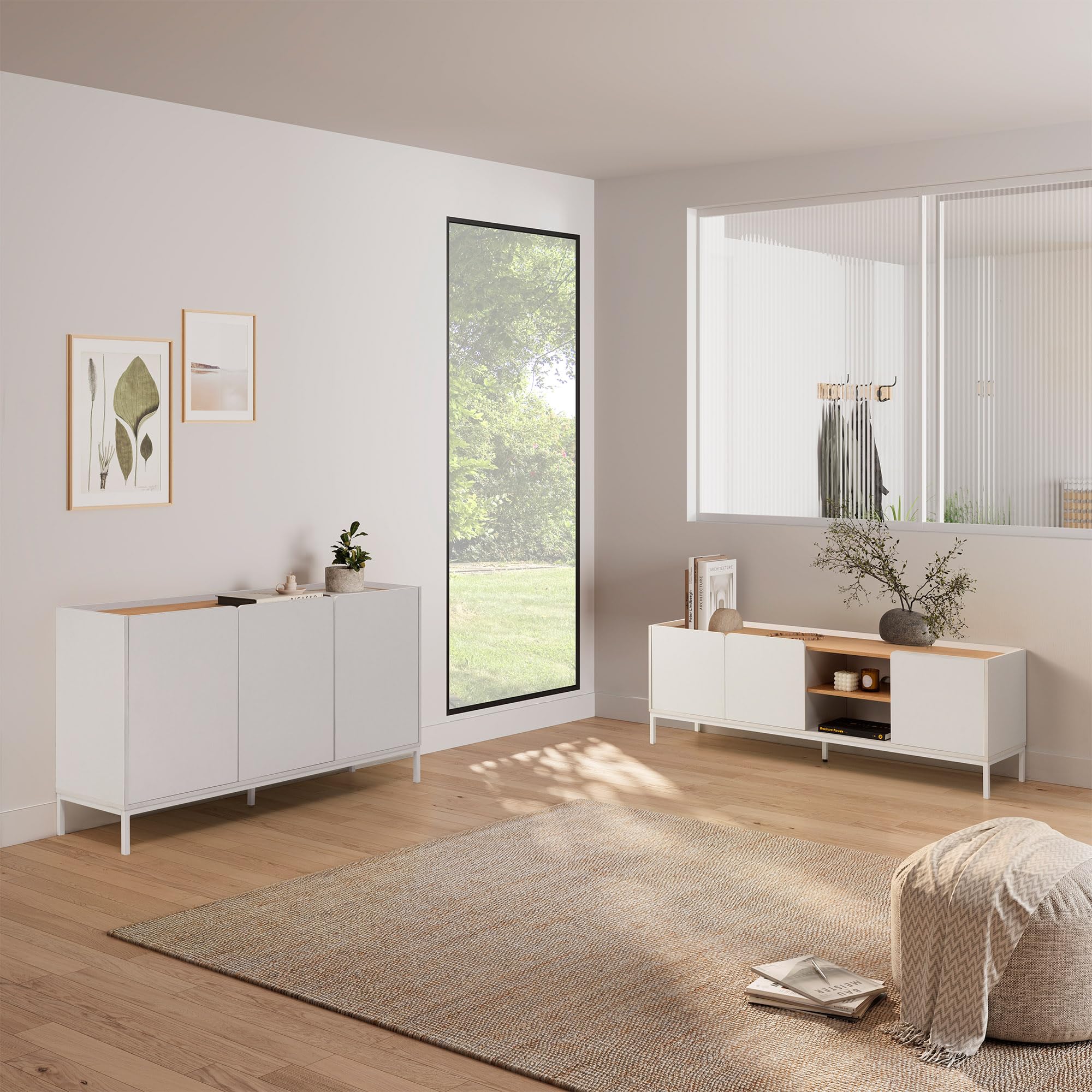 HOMN LIVING Aparador Curva 3 Puertas Color Blanco, 140 cm (Ancho) 40 cm (Profundo) 80 cm (Altura)