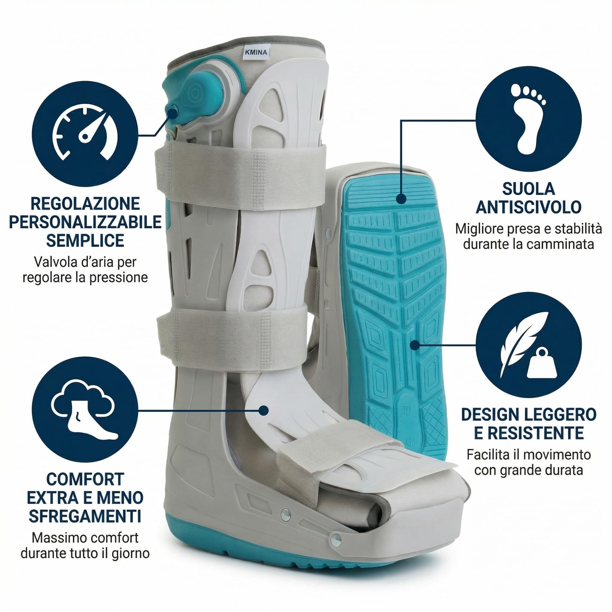 KMINA Tutore Walker Alto Gonfiabile S (Taglie 35,5 a 39,5), Stivale Ortopedico per Immobilizzazione di Piede e Caviglia, Regolazione Pneumatica con Valvola, Unisex Destro o Sinistro