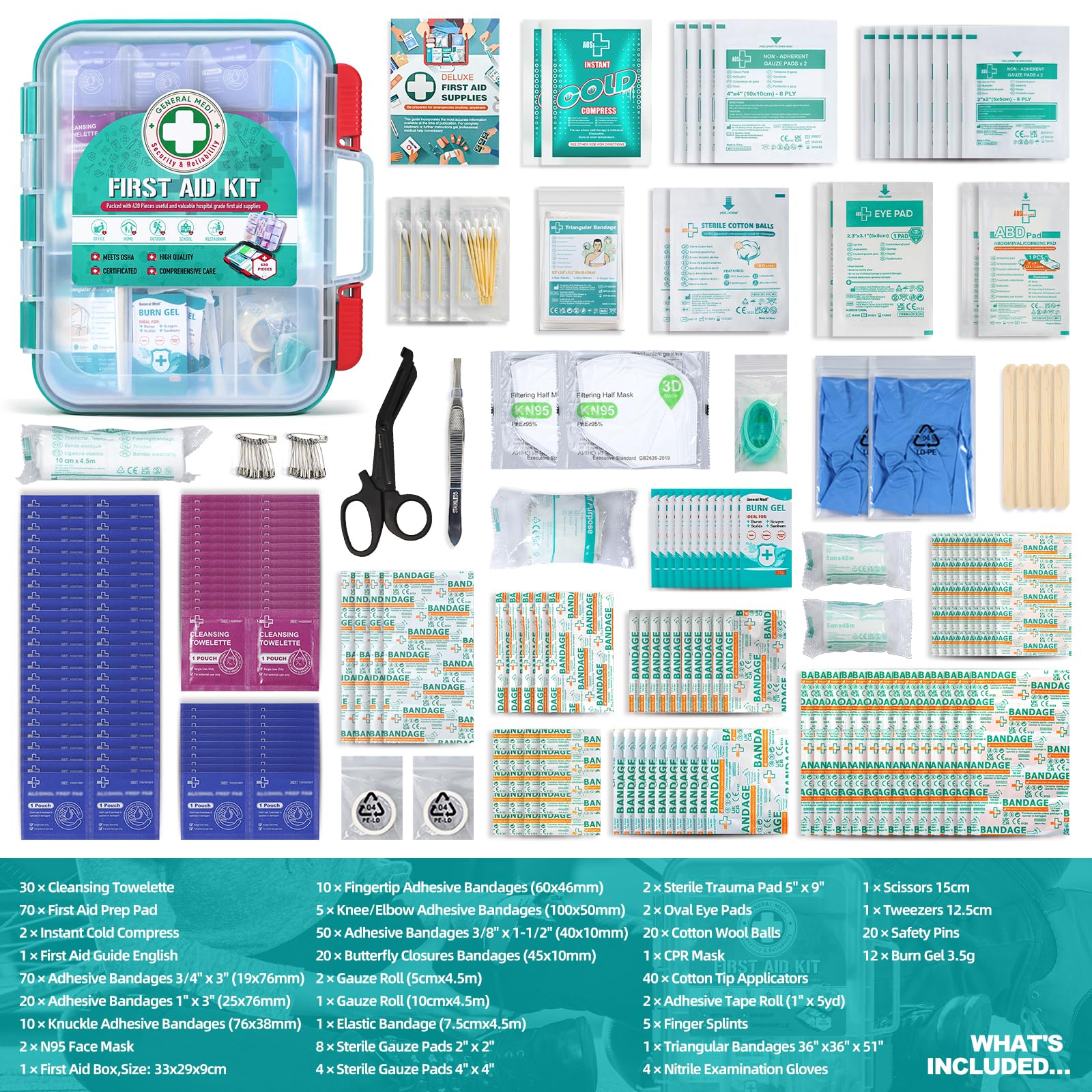 General Medi Kit de premiers secours professionnel 420 pièces – Boîte de premiers secours rigide – Contient des fournitures médicales de qualité supérieure pour voyage, maison, bureau, véhicule