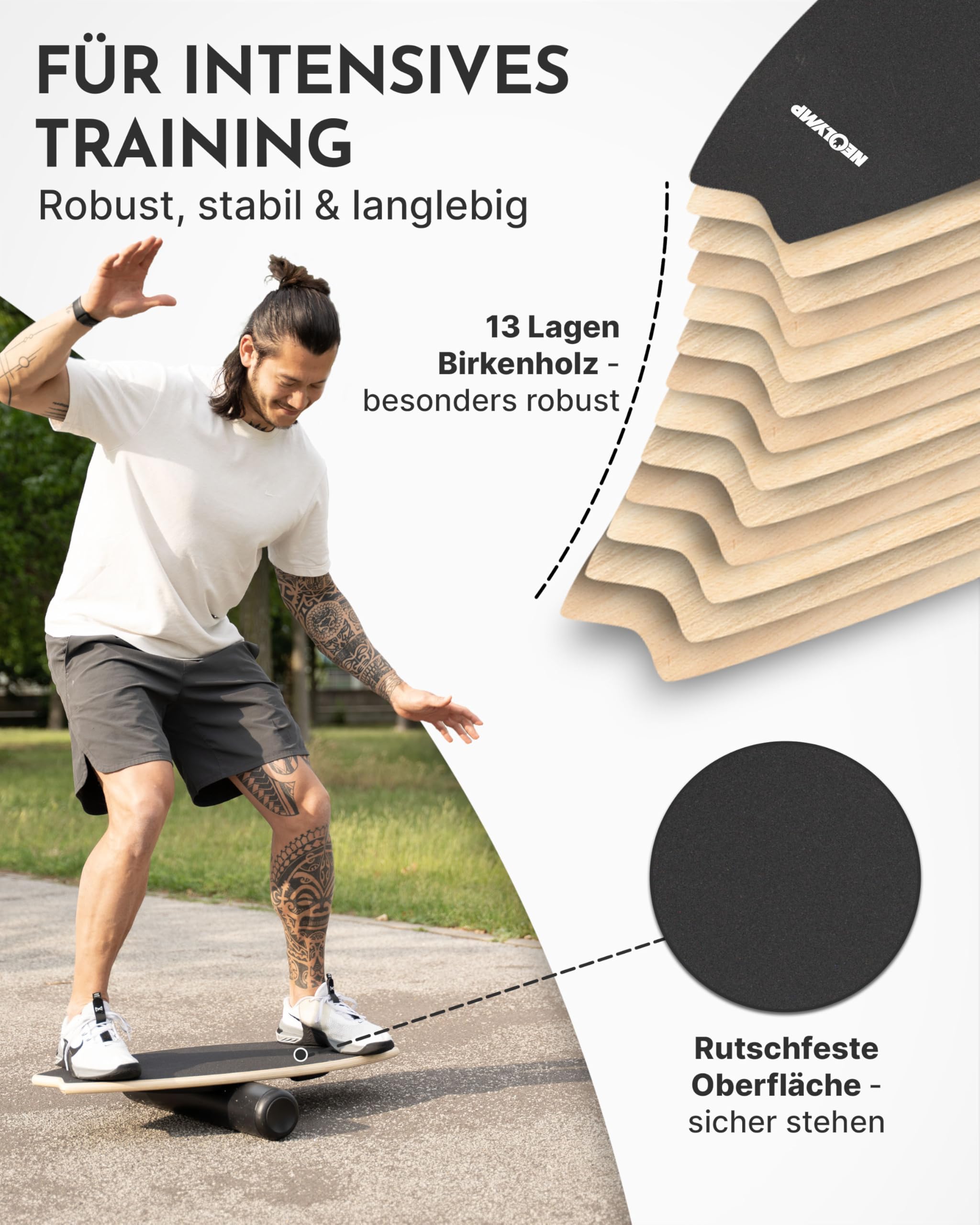NEOLYMP Balance Board Holz – Gleichgewichtstrainer für Erwachsene & Kinder – rutschfest & bis 210 kg belastbar – 7 Schwierigkeitsstufen – Magnetisch einstellbar
