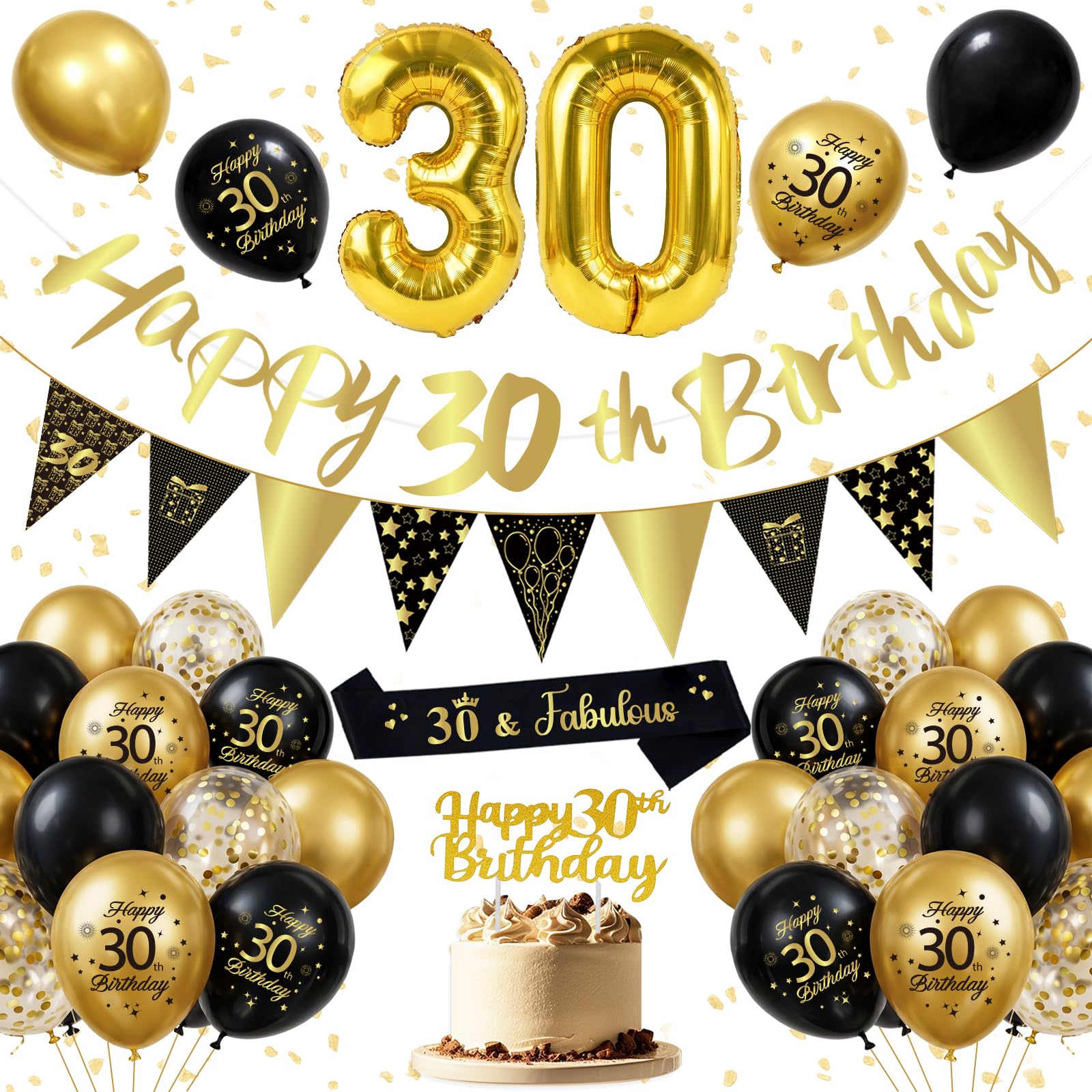 30th Birthday Decorations for Men Women, Black and Gold Birthday Balloons with Number 30 Foil Balloons, Happy 30th Birthday Banner, Bunting, Cake Topper, Sash, Black Gold Birthday Party Decoration