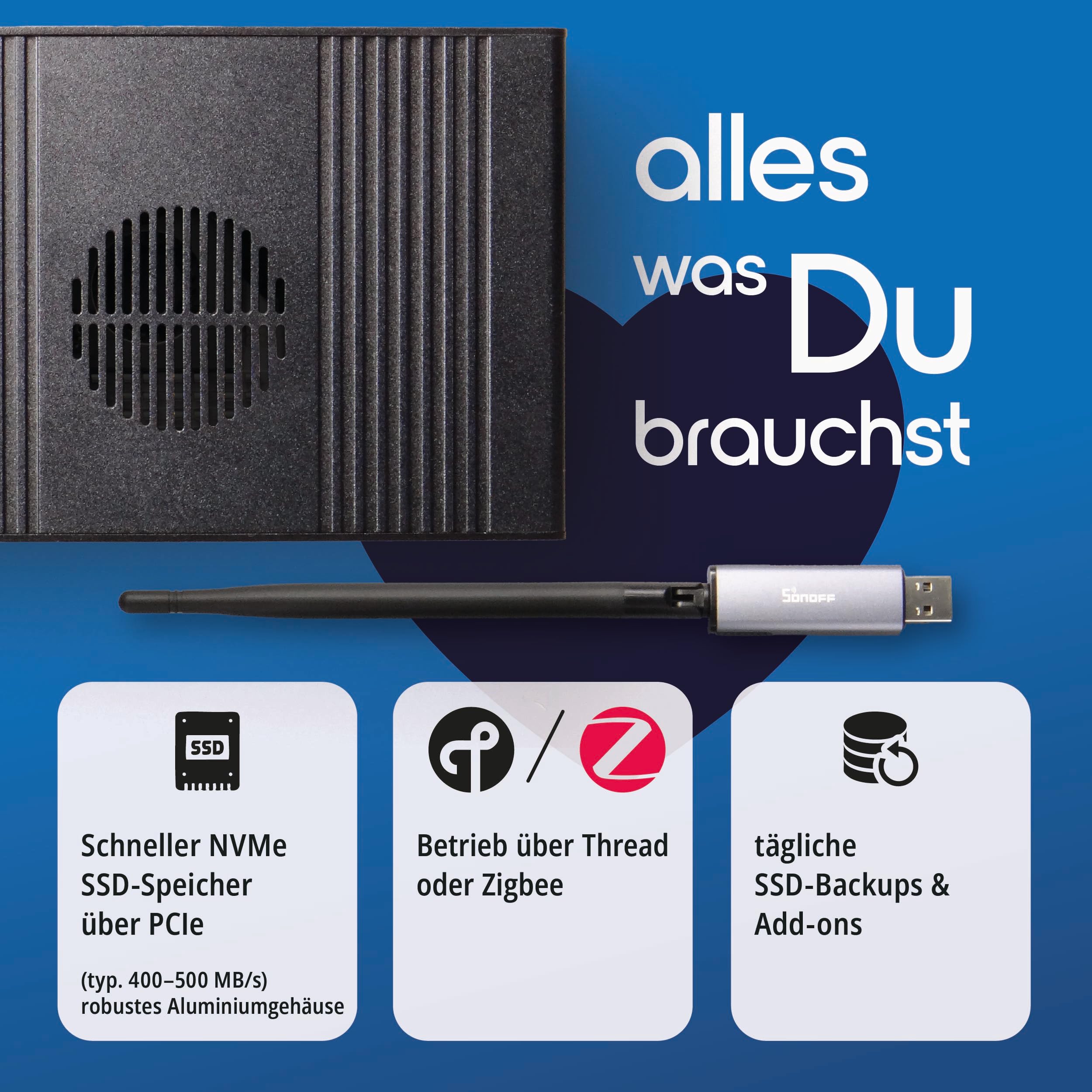 Plug & Play Set Black, Raspberry Pi 5, Home Assistant vorinstalliert, inkl. Antenne (Thread Border Router), WiFi, Bluetooth, SSD, Matter, Zigbee optional, sofort (16 GB RAM / 256 GB SSD)