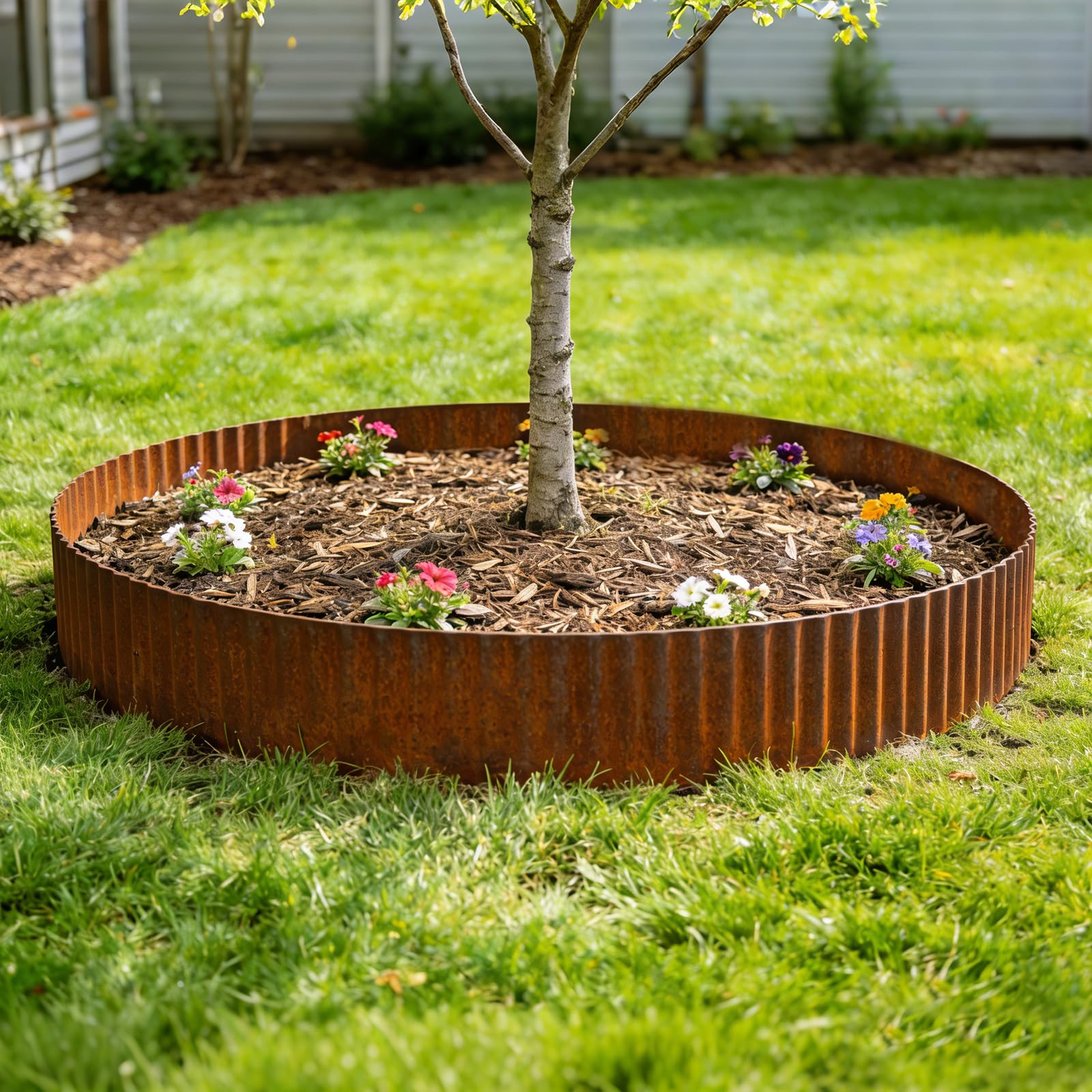Bordura per Giardino in Acciaio Corten 12m x 15 cm, Bordura per Aiuola in Metallo, Bordo per Prato in Ruggine, 1 Paio di Guanti Incluso, per delimitare aiuole (Forma ondulata, 12M x 15CM)