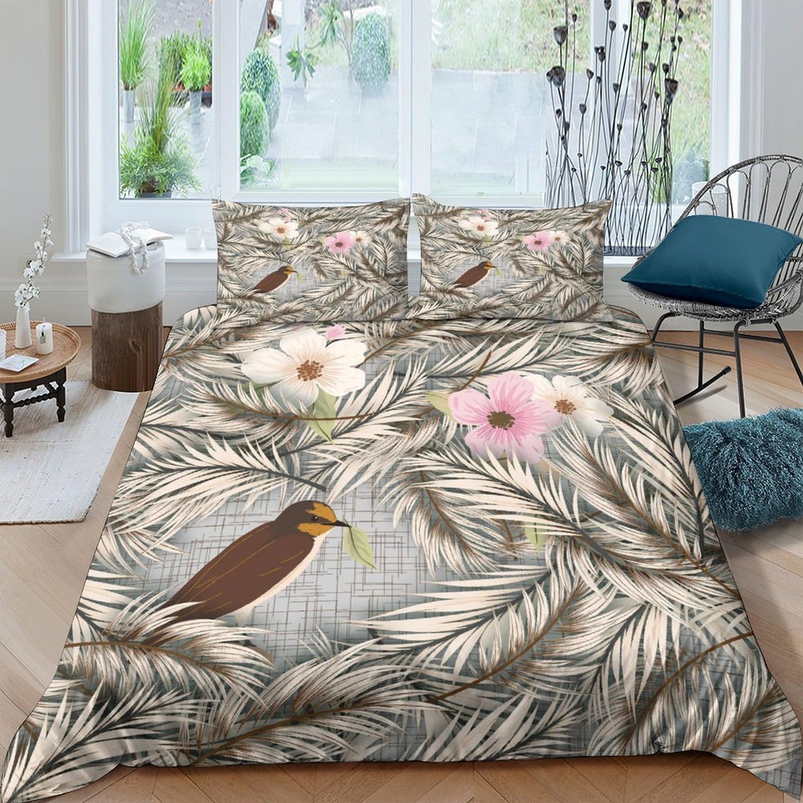 Unrxjzlvm Style-8 Botanical Bird Print Duvet Cover Set Microfiber Teen Room