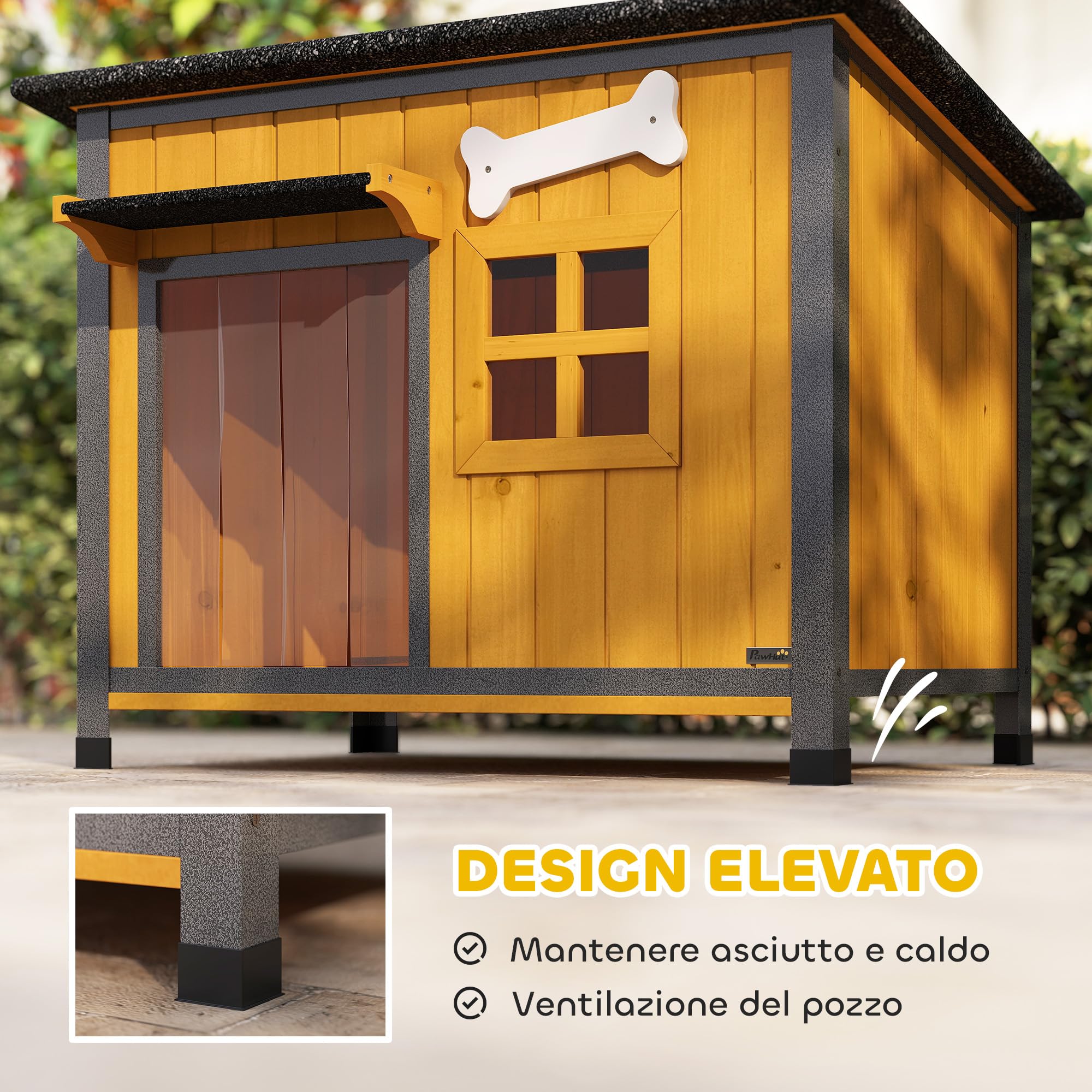 PawHut Cuccia per Cani da Esterno in Legno e Acciaio Anti-Morso, Casetta per Cani Rialzato con Tetto Spiovente Apribile e Impermeabile, Pavimento Rimovibile, Tenda per Porta, Tettoia, 84.5x62x65 cm