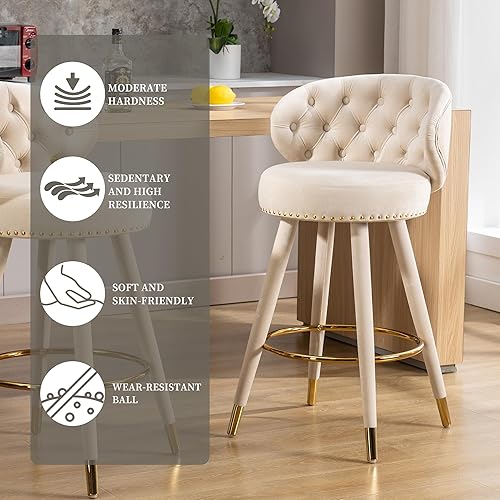 Miniatura 7 de Juego de 2 taburetes de bar, modernas sillas de bar ajustables de terciopelo con respaldo, patas de madera maciza, taburetes de bar tapizados y