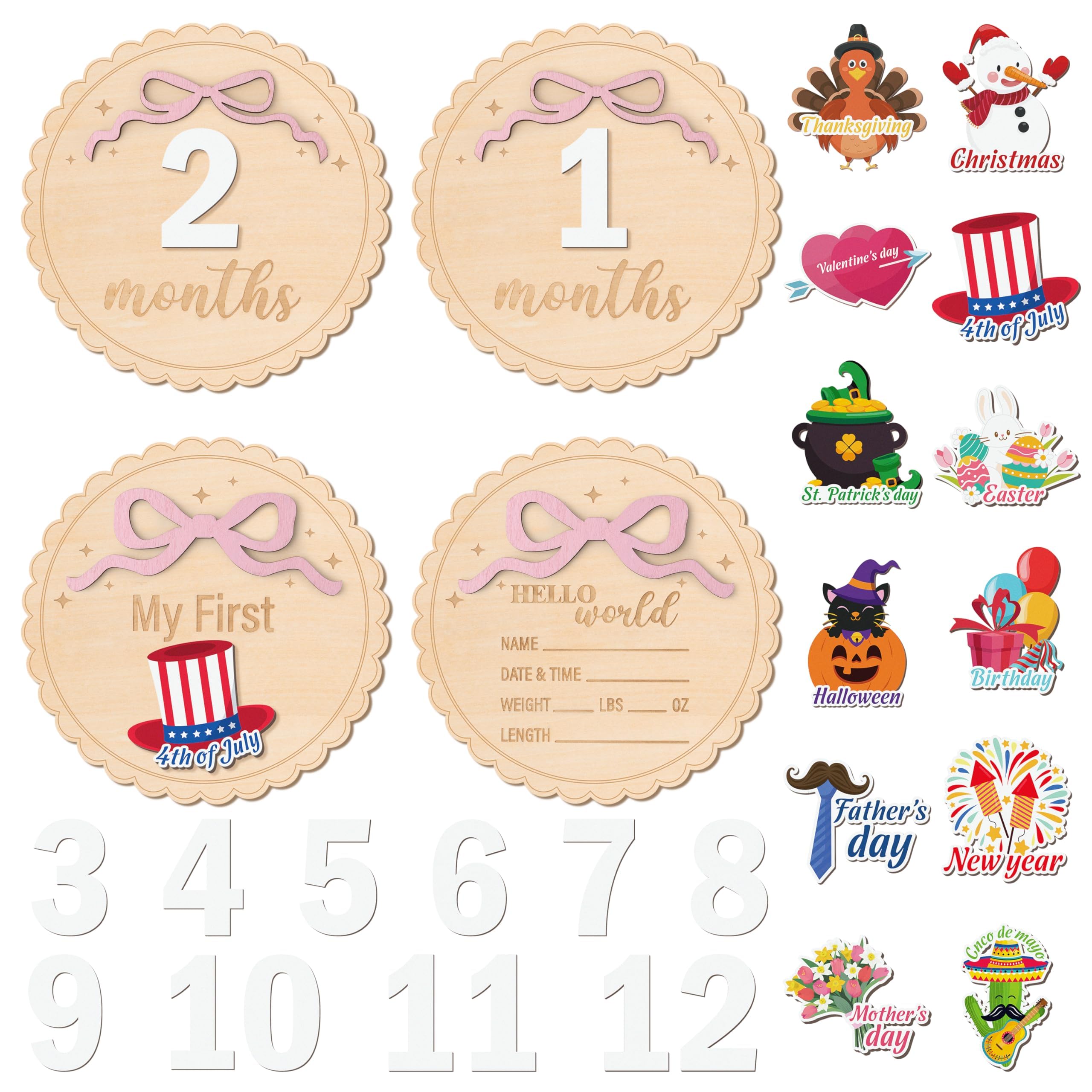 R HORSE Baby Monthly Milestone Sign - 25Pcs Pink Bow 3D Wooden Monthly Milestone Marker Discs, Newborn Announcement Sign Festive Decor Baby Shower