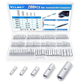 Kuject Non Insulated Butt Connectors 22-6 AWG, 200PCS Uninsulated Wiring Crimps Terminals Kit, Tinned Pure Copper Wire Butt Splice Connectors for Electrical DIY