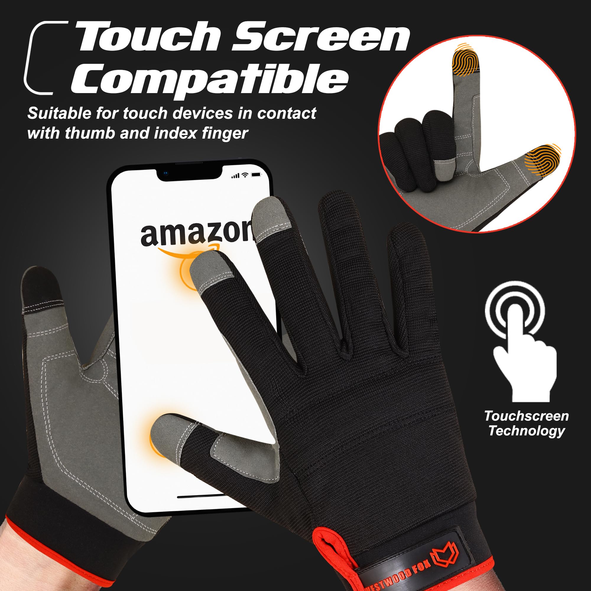 Guantes de trabajo de seguridad Guantes de jardinería resistentes para hombres a prueba de enchufe acolchado protección de palma pantalla táctil transpirable constructor (Black, L)