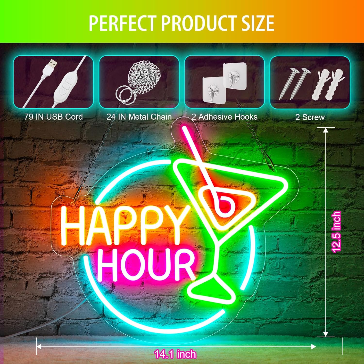 Happy Hour Neon Sign Dimmable Led Happy Hour Neon Bar Signs for Home Bar, USB Powered Bright Cocktails Happy Hour Neon Signs for Wall Decor Bar Pub Man Cave Party Art Decor(14.1*12.5inches) - Image 2