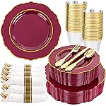 Liacere 350PCS Red Plastic Plates-Disposable Burgundy Red and Gold Plates 50guest Baroque Plastic Dinnerware include 100Plates, 50Pack Pre Rolled Napkins with Silverware 50Cups for Christmas