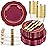 Liacere 350PCS Red Plastic Plates-Disposable Burgundy Red and Gold Plates 50guest Baroque Plastic Dinnerware include 100Plates, 50Pack Pre Rolled Napkins with Silverware 50Cups for Christmas