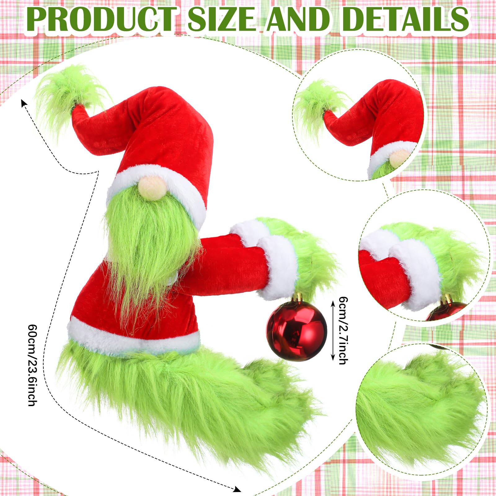 Gejoy Cimier de sapin de Noël amusant en peluche pour sapin de Noël - 60 cm - Vert