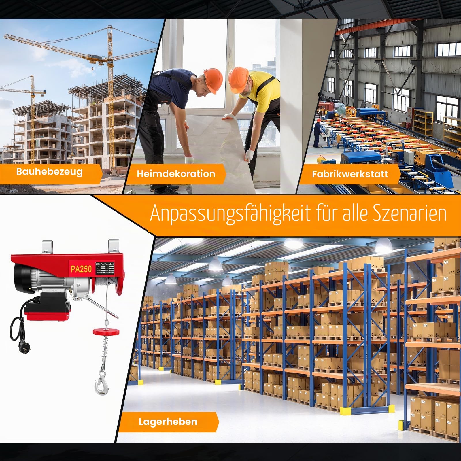 Elektrische Seilwinde 550W mit Fernbedienung -Elektrischer Kettenzug 250kg Tragkraft mit 2 Betriebsmodi (Einzel-/Doppelseil) für Bau, Lager & Industrie‌