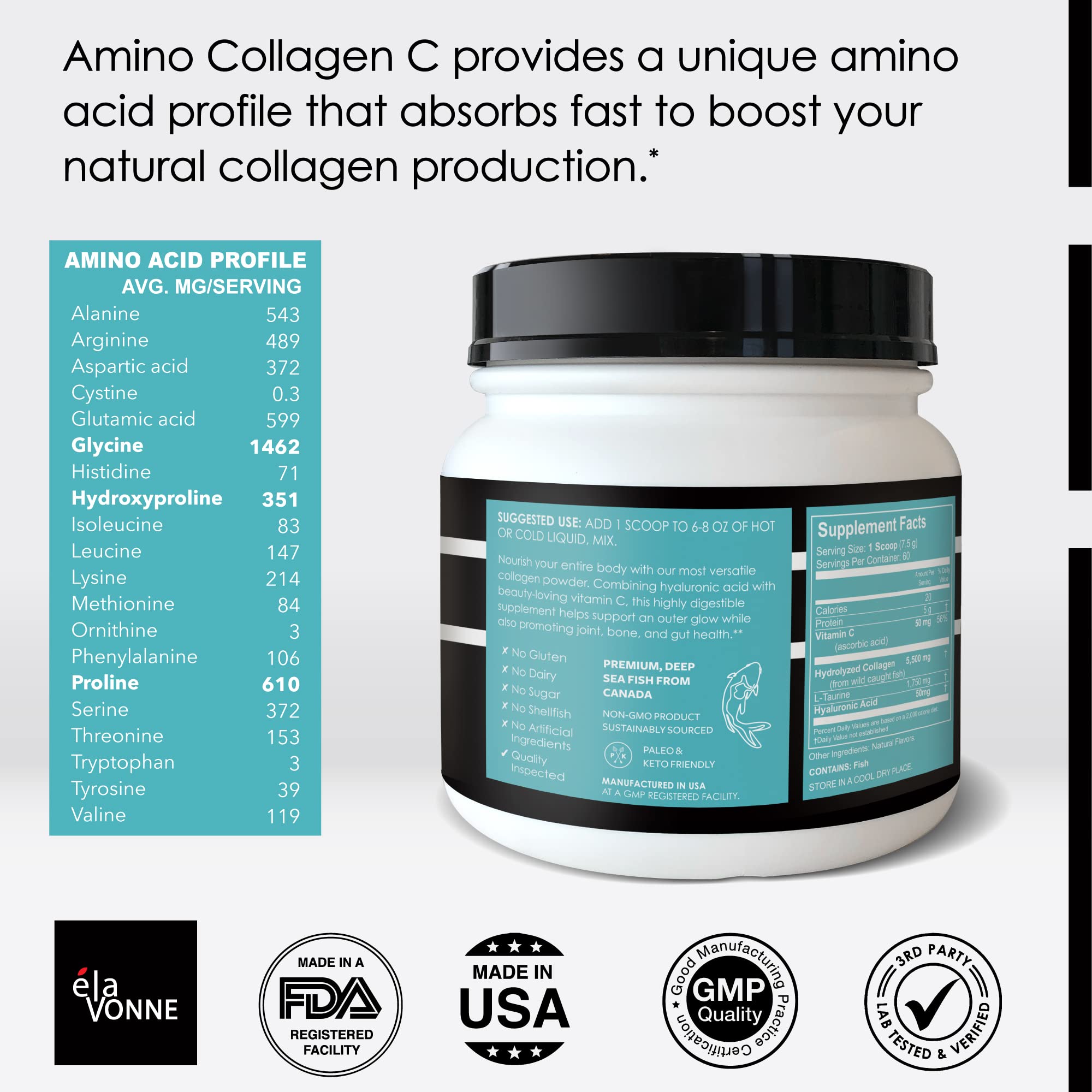 Amino Collagen C with Hyaluronic Acid (60 Servings 16oz_456g) - Non-GMO Marine Collagen Peptides - Hydrolyzed Powder - Unflavored - No Sugar - for Firm Skin, Hydration, and reducing fine Lines — Amazon image 5