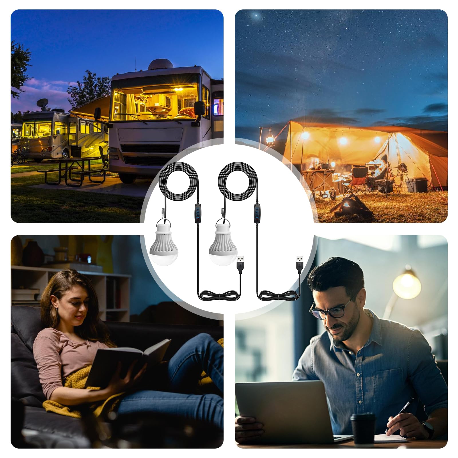 Set di 2 lampade da campeggio LED USB ricaricabili 7 W - Lampada da tenda con intensità variabile - 3 modalità di illuminazione 2700-5000 K - Luce di emergenza con gancio - Funziona con pile
