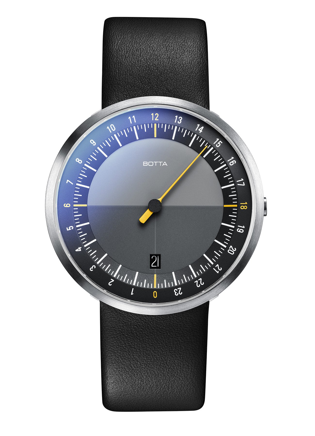 Botta-Design UNO 24 Wristwatch - 24H one-Hand Watch, Stainless Steel, Black dial, Anti-Reflective, Leather Strap