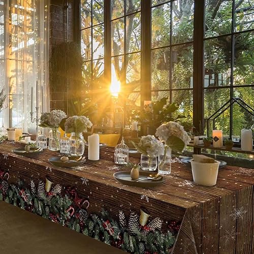 Miniatura 7 de Paquete de 3 manteles de grano de madera marrón navideño, manteles de plástico de madera con purpurina dorada con copos de nieve de Navidad, telón