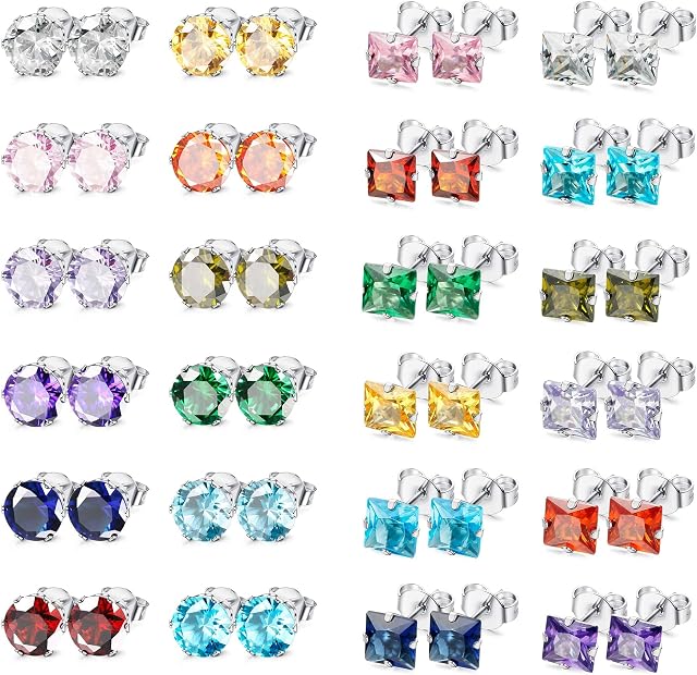 KALVICA 24 Pairs Women Earrings Classic Stainless Steel Coloured Round Zircon Stud Earrings Square Zircon Set Cartilage Earrings Birthstone Stud Earrings