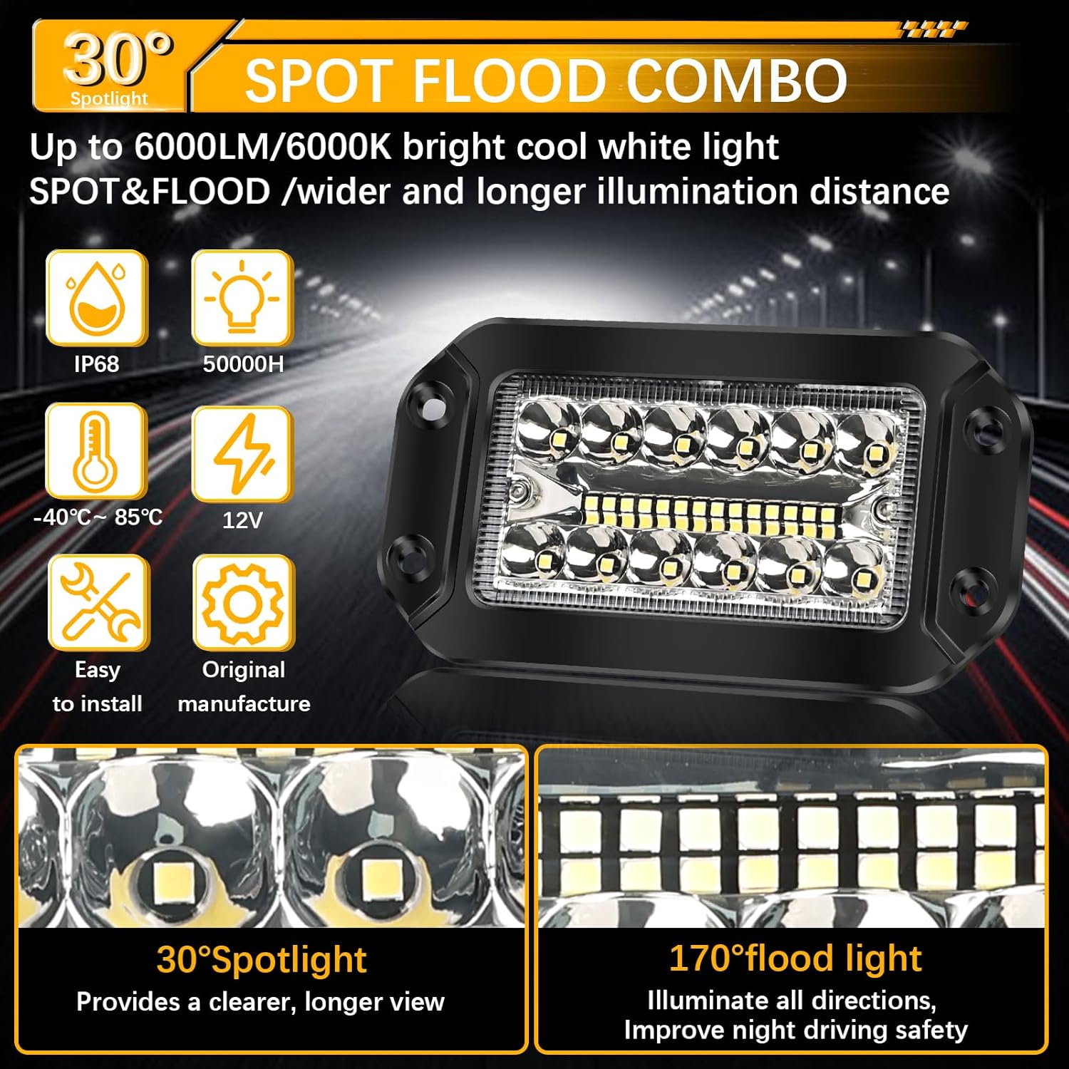 nifeida 2Pcs 6 Inch Flush Mount LED Light Pods, 78W Triple Row Spot Flood LED Work Light Combo Beam Waterproof Driving Light for Offroad 4x4 Truck SUV ATV UTV Golf Tractor