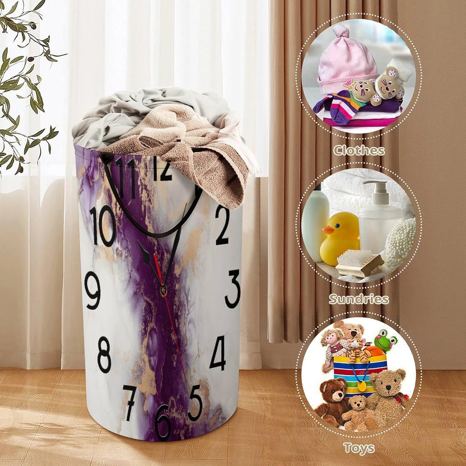 Marble Purple Abstract Art Clock Laundry Hamper Dirty Clothes,Modern Mid Century Wavy Liquid Gold Foil And Glitter Print Large Laundry Basket Storage Basket For Bathroom 15.7W"" X27.2H""