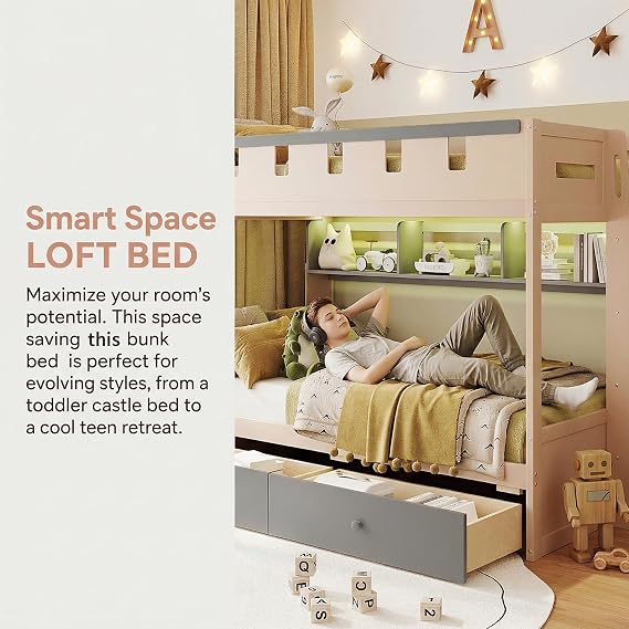 Virubi Twin Over Twin Castle Bunk Bed with LED Lights and Storage Drawers, Space-Saving Wooden Bunk Bed Frame with 3-Compartment Shelf & Guardrail, Playhouse Bed for Girls & Boys, Grey