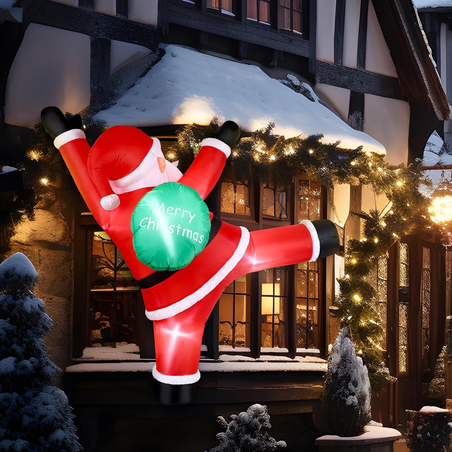 6 Ft Christmas Inflatables Outdoor Decorations Blow Up Santa Hanging Santa Claus Inflatable Blow Up Giant Christmas Decor with LED Lights for Indoor Yard Holiday Party Lawn Roof Window