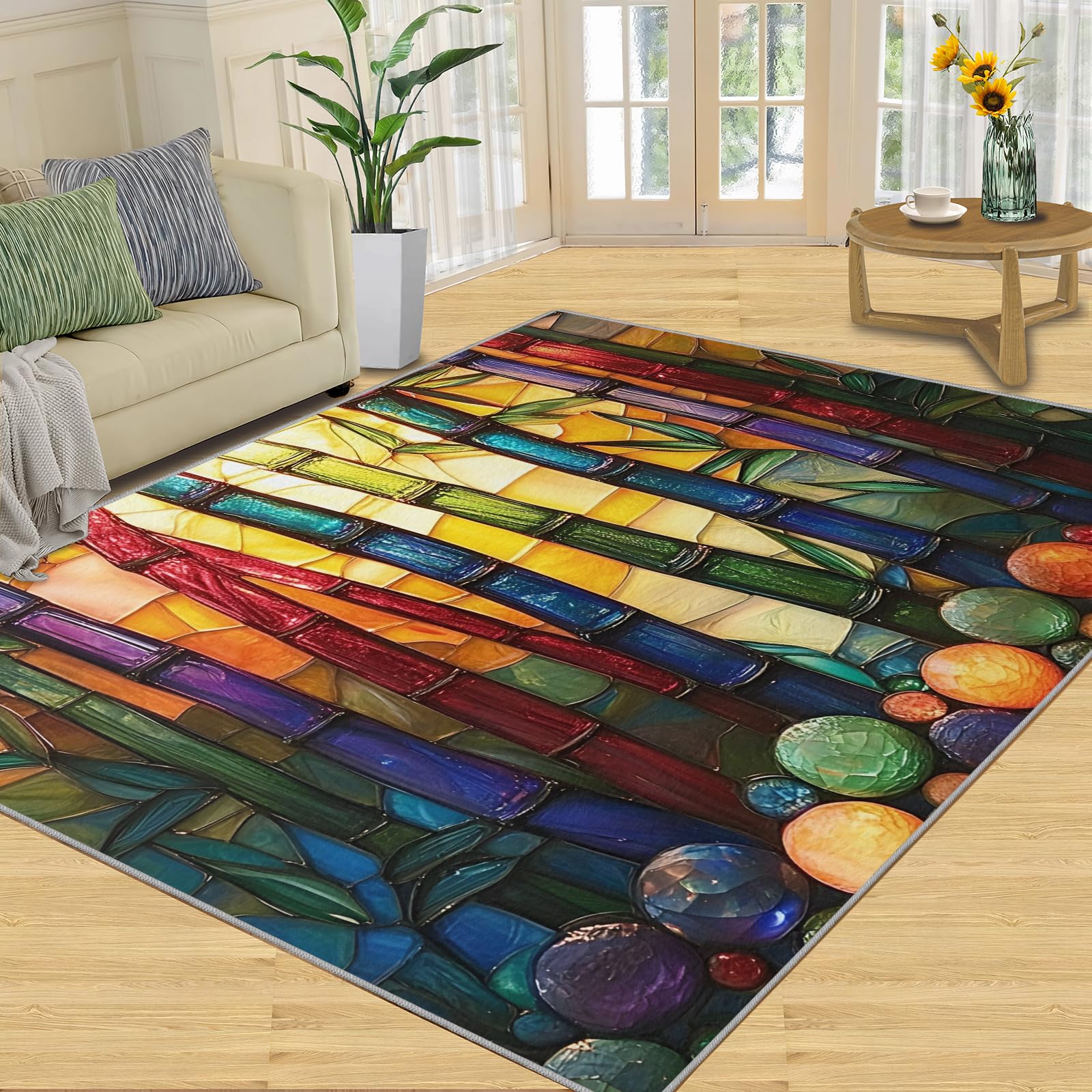 Tapis Abstrait pour entrée, Tapis en Bambou teinté 80 x 150 cm, Tapis Moderne géométrique Lavable et antidérapant pour décoration d'intérieur