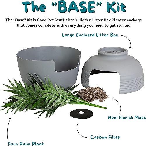 Miniatura 180 de Good Pet Stuff Kit original de caja de arena oculta y forro reutilizable, maceta redonda cerrada con plantas artificiales, sistema de filtro de olor