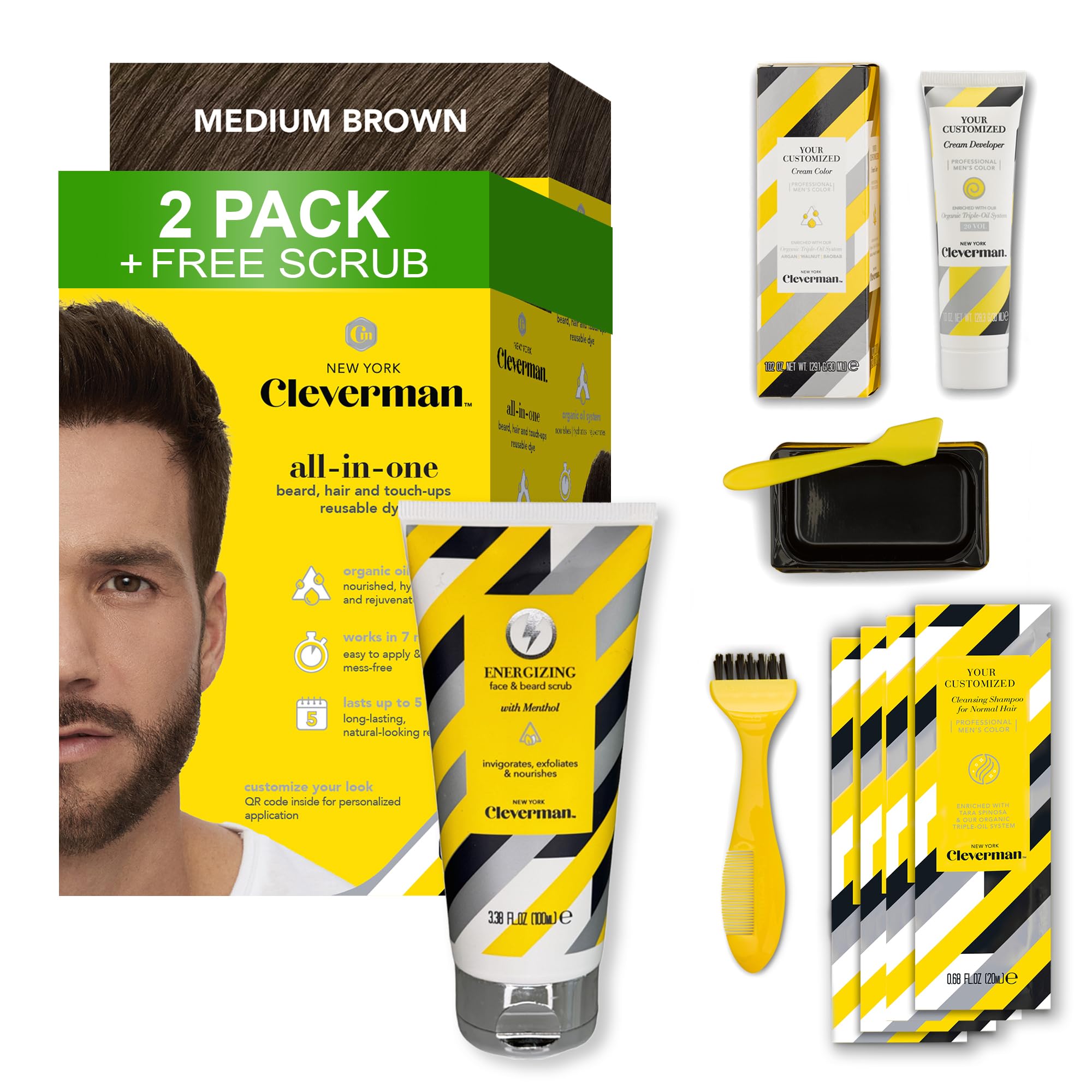 Cleverman 2 Pack - Medium Brown Hair & Beard Dye for Men x2 + 1 Free Energizing Face & Beard Scrub