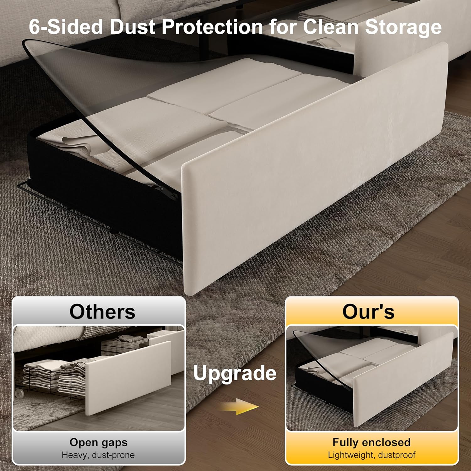 GEGOFORU Queen Vintage Upholstered Platform Bed Frame with Galaxy Projector, 4 Dust-Sealed Storage Drawers, Nailhead Trim Adjustable Headboard, LED Bed Frame, No Box Spring Needed, Velvet Cream