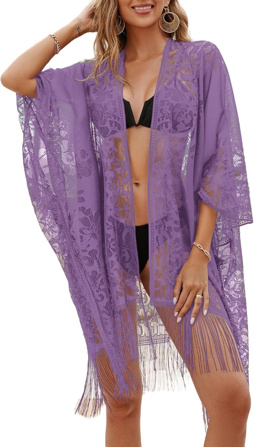 Sexy Elegant Lace Kimono Beach Cover Up for Women, Bathing Suit Cover Up, Open Front Swimsuit Coverup for Poolside, Seaside