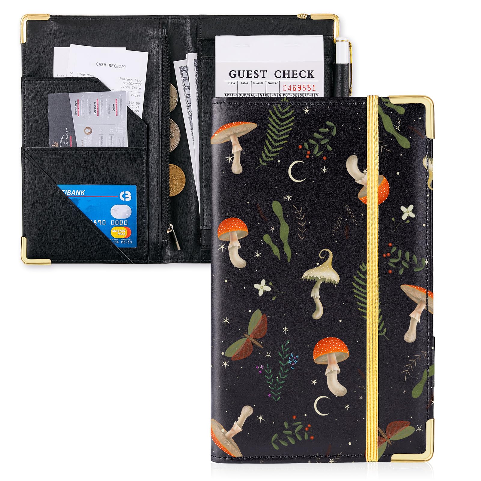 Server Book with Zipper Pocket for Waitress, Leather 7.9 x 5 inches Waiter Serving Books Cute Fit Server Apron Restaurant WaitStaff Guest Check Organizer Book