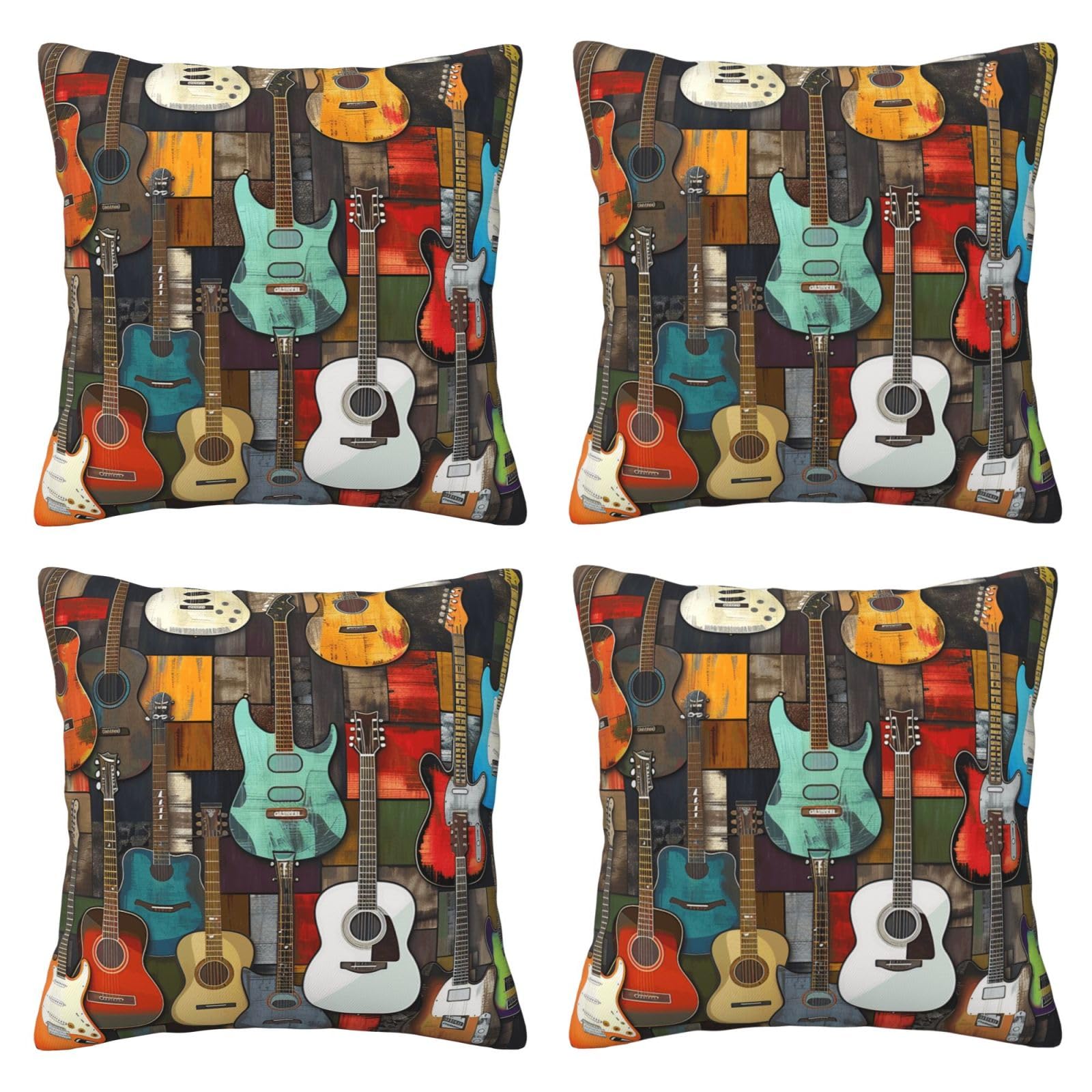 Color Acoustic and Guitars Throw Pillow Cases 4 Pack Square Pillowcases Super Soft Pillow Protectors With Zipper for Couch Livingroom Sofa Bed Office Car,40x40 CM