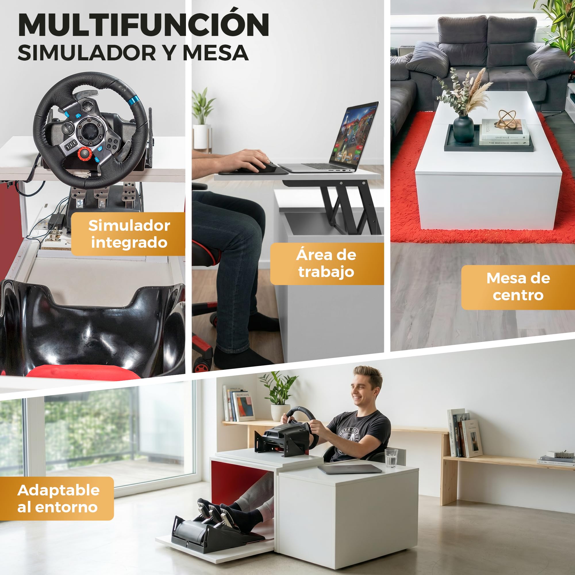 Simulador de Conducción con Volante Force Feedback (2,3NM) y Pedales Integrados en Mesa de Centro Elevable para Salón | Cockpit Gaming Compatible con PS5/PC | 79x79x47,5 cm (Blanco)