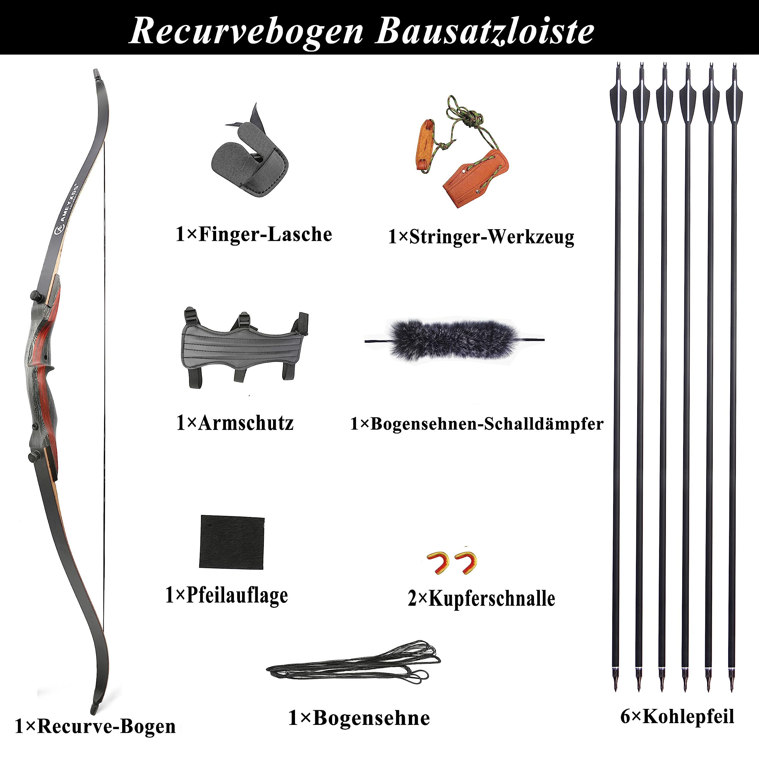 AMEYXGS Takedown Arc recurve et Ensemble de flèches 62 Pouces tir à l'arc Arc de Chasse pour Adolescents et Adultes 20-35lbs Arc Traditionnel en Bois Arc Long avec flèches en Carbone (30bls)