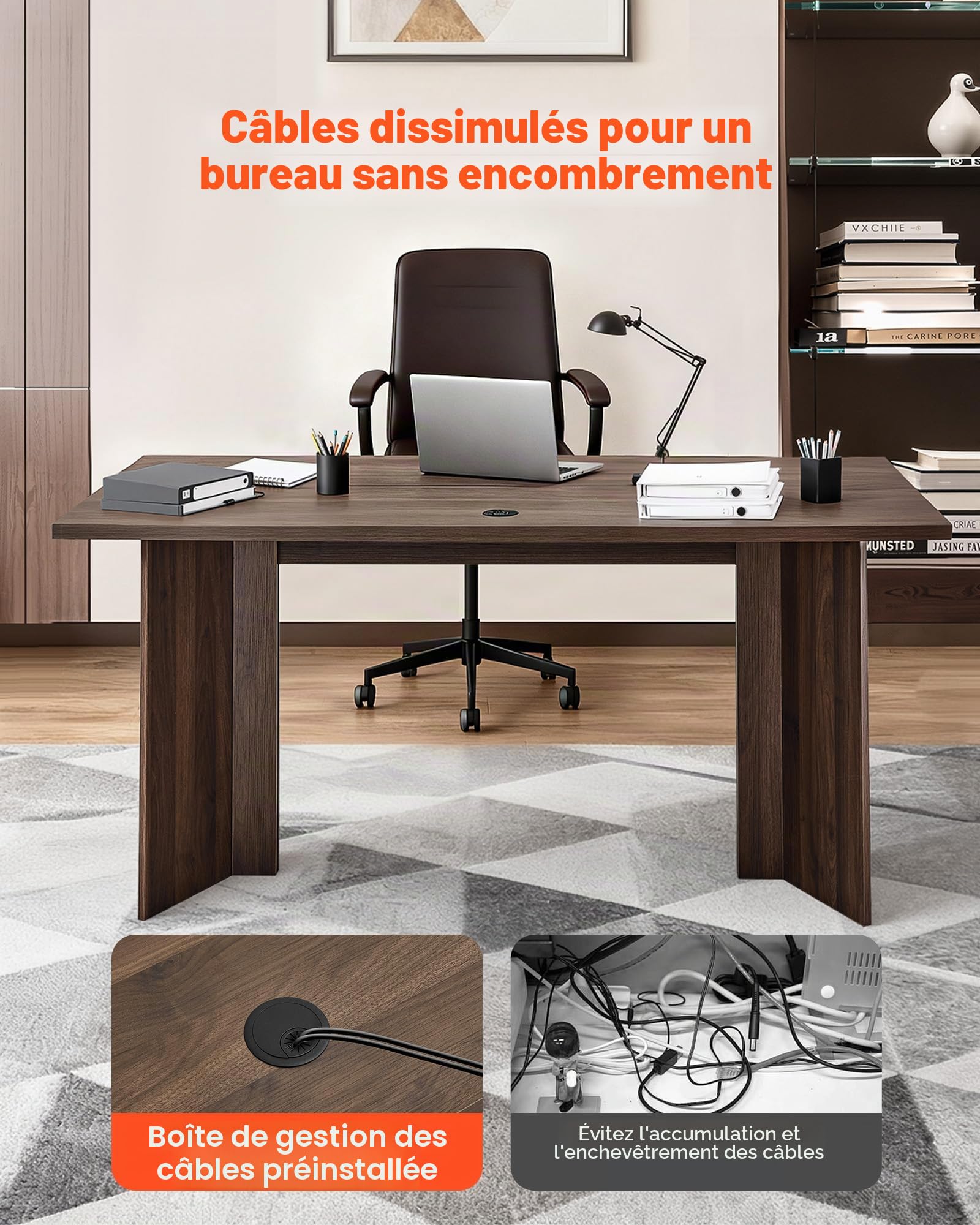 VEVOR Bureau de Direction, 160 x 80 x 76 cm, Bureau d'ordinateur Moderne avec Trou de Connexion de câble, Charge de 113,4 kg, Grande Table d'étude en Bois Robuste, pour Travail et écriture, Noyer