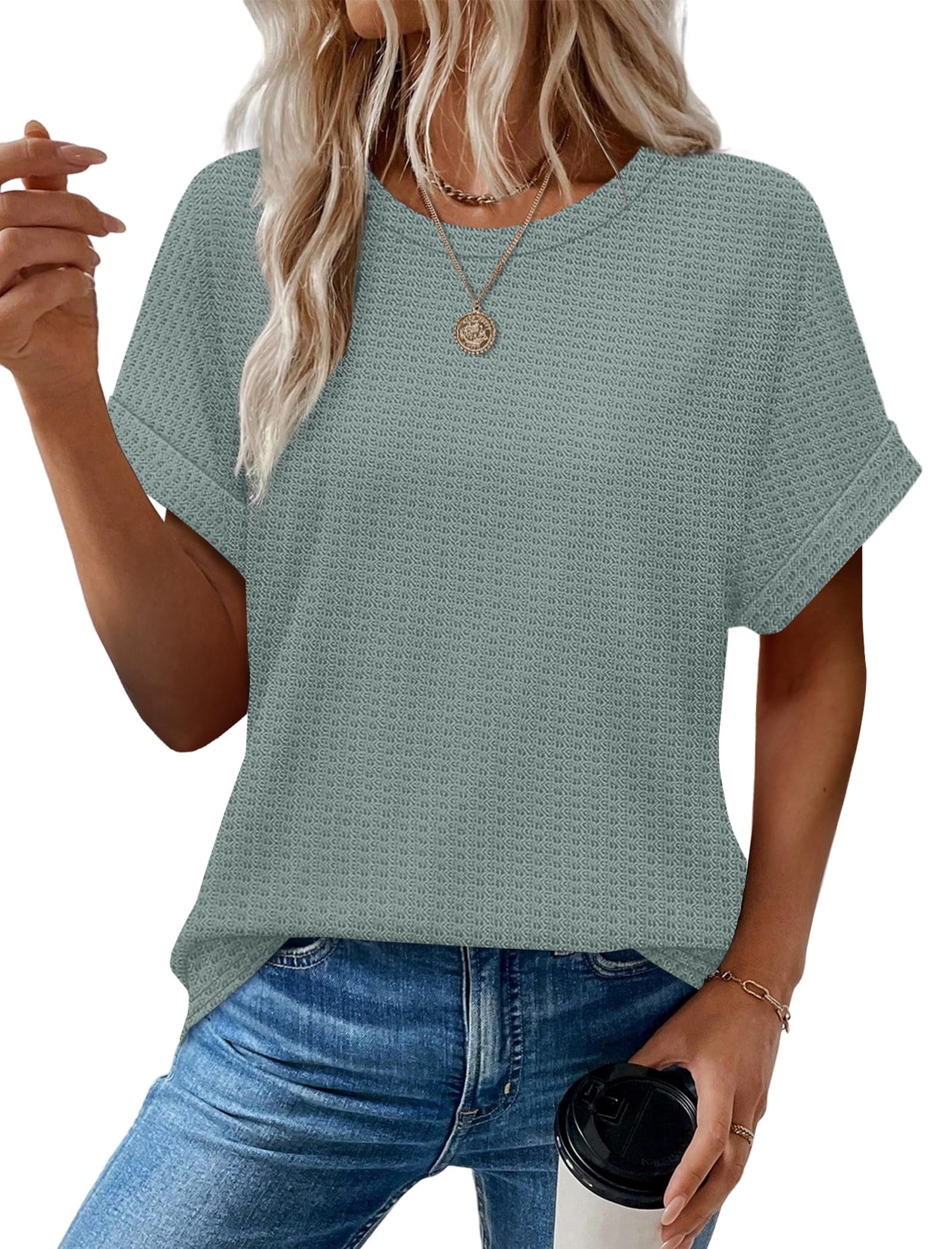 Sampeel Summer Tops for Women 2026 Trendy Rolled Short Sleeve Shirts Waffle Knit Crew Neck Tops Curved Hem Fashion Clothing
