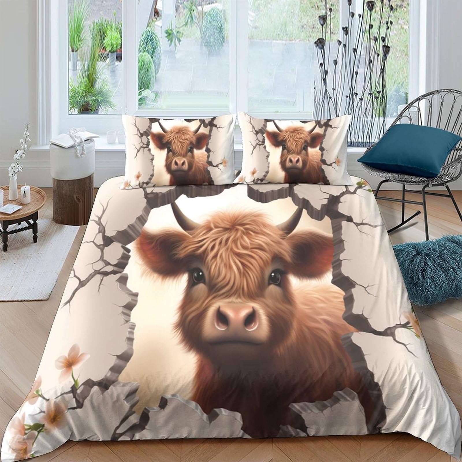 GPLZQXKJNH 3D Printed Highland Cow Duvet Cover Set Microfiber Soft Breathable Animal Farm Bedding with 2 Pillowcases for Bedroom Home Single（135x200cm）