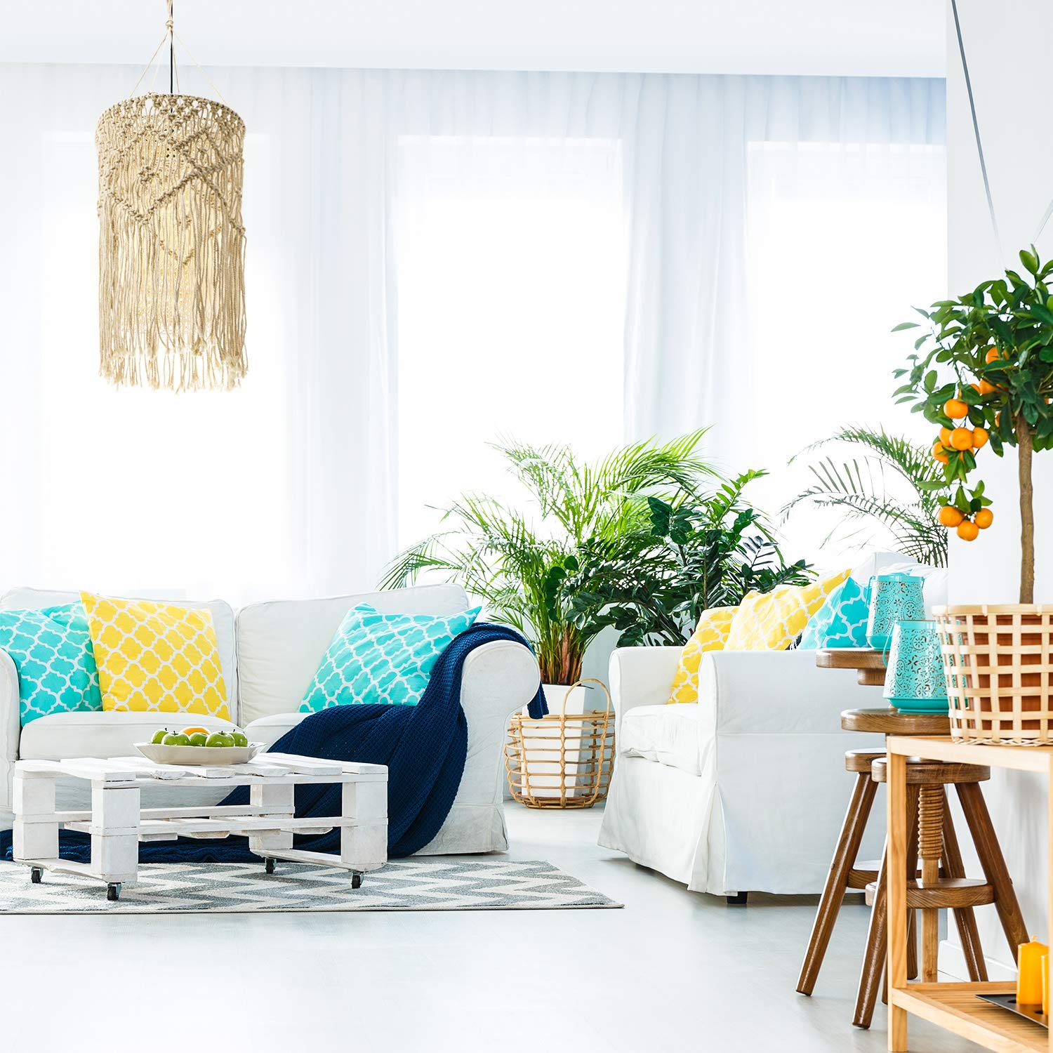 Lámpara colgante bohemia de macramé, cubierta de luz para decoración de techo para sala de estar, dormitorio y baño, color blanco cálido, bombilla no incluida 6