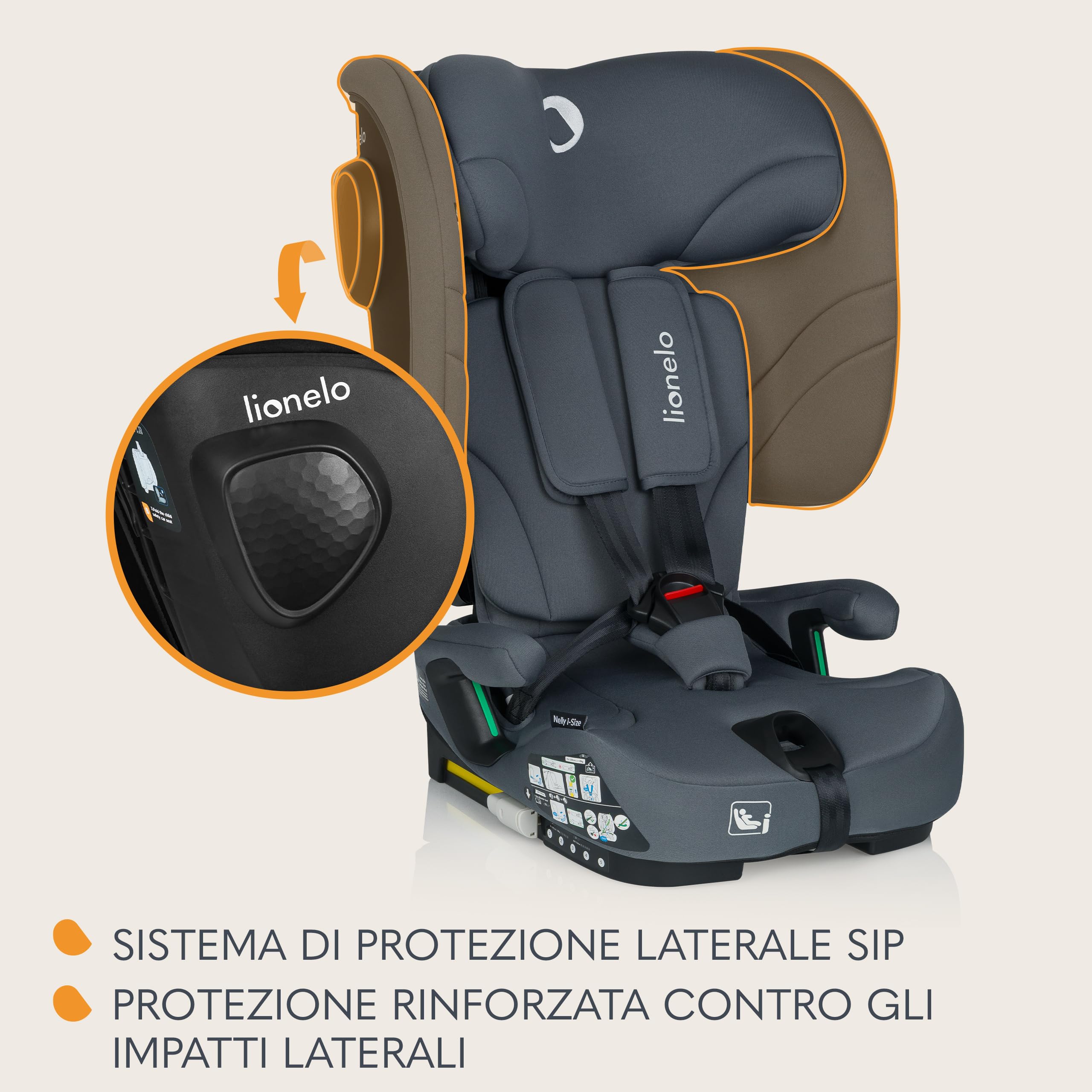 LIONELO Seggiolino Auto NELLY I-SIZE Pieghevole per Bambini 76-150 cm,15 mesi - 12 anni, Gruppo 123 Installazione in avanti con ISOFIX e Cinghia, Protezione Laterale, Regolazione