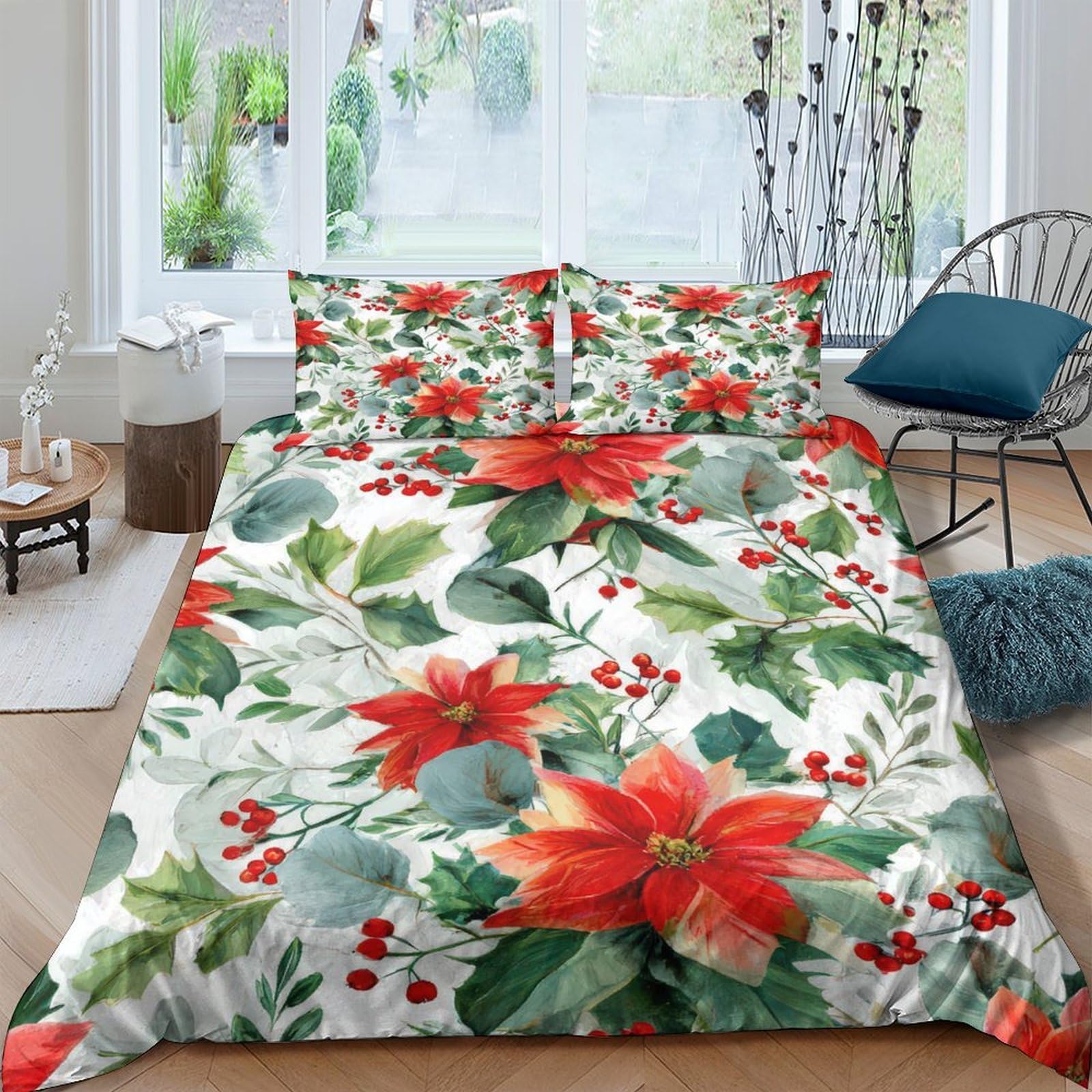 Ctjqhvkz Style-2 3D Printed Red Poinsettia Fitted Sheet Microfiber Soft Floral Christmas Berry Mattress Cover For Bedroom Guest Room Decor Single（135X200cm）