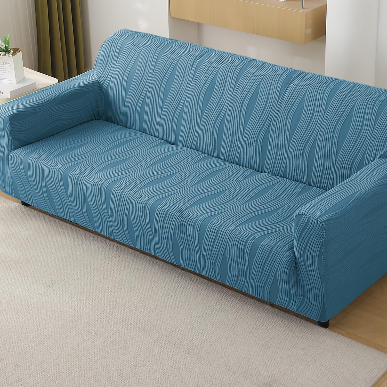 HOKIPO Nestiva Sofa Cover 4 Seater Fully Covered, Sea Blue