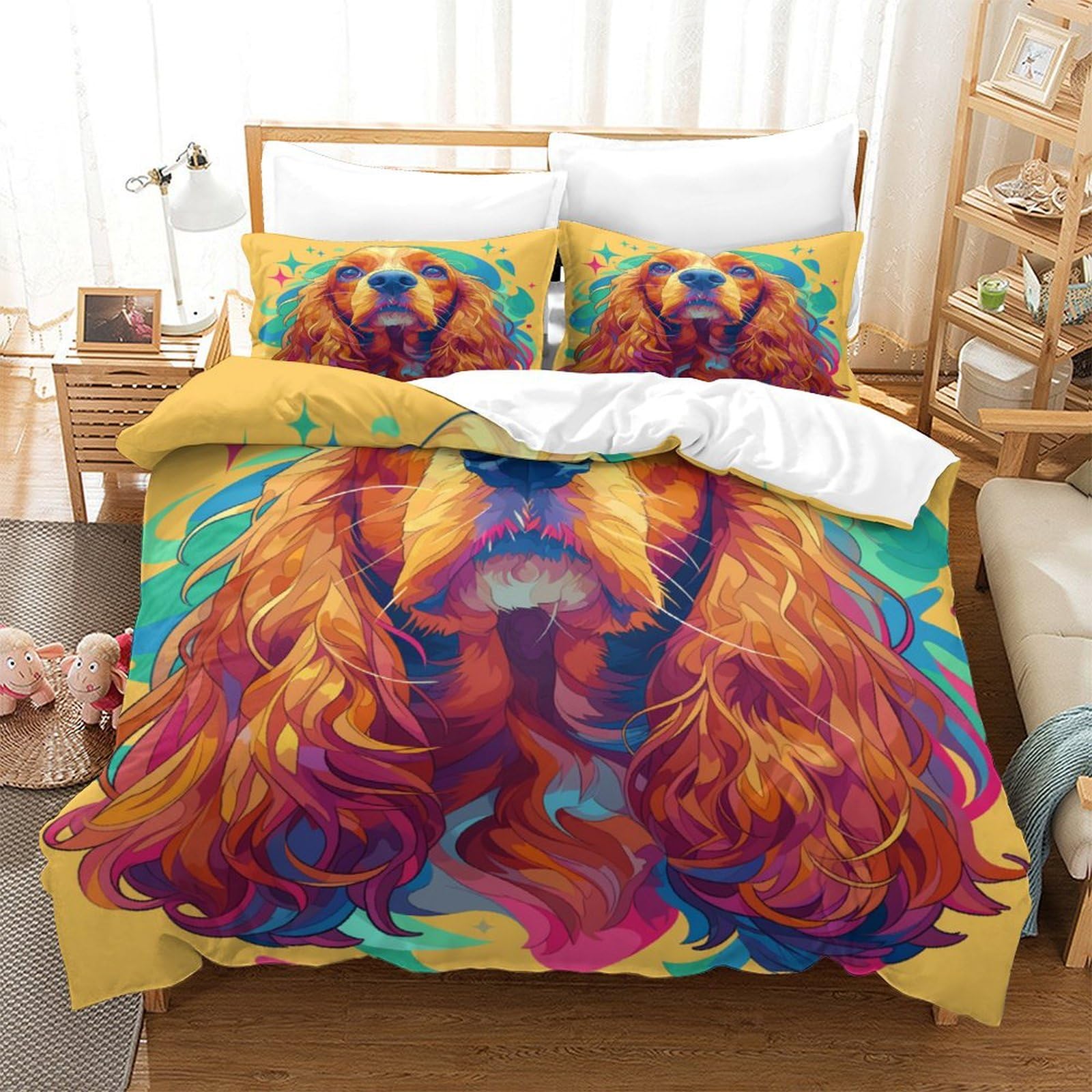 Housse de couette cocker spaniel anglais drap lit 260x220 parure de lit 3 pièces literie chien